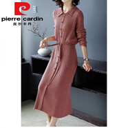 皮爾卡丹（pierre cardin）2025春秋減齡娃娃領(lǐng)收腰系帶中長(zhǎng)款女純色條紋寬松針織連衣裙潮 磚紅今年流行的輕奢品牌 2XL
