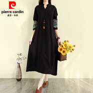 皮爾卡丹（pierre cardin）復古民族風(fēng)棉麻連衣裙秋季長(cháng)款過(guò)膝麻料刺繡氣質(zhì)長(cháng)裙子寬松森女系 黑色 2XL 【150-170斤】