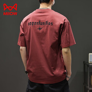 貓人（MiiOW）2025新款短袖T恤男百搭潮流寬松刺繡美式半袖上衣夏季薄款 酒紅色 M