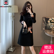 AEMAPE新中式氣質(zhì)刺繡連衣裙女秋冬2025春季新款時尚高級感顯瘦 黑色 M