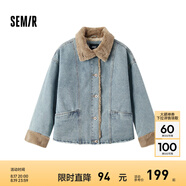 森馬（Semir）牛仔棉服女拼接毛領(lǐng)美式復(fù)古2024冬寬松毛邊夾克街頭潮流 牛仔淺中藍88601 XXL 175/96A