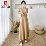 皮爾卡丹（pierre cardin）半高領(lǐng)打底內(nèi)搭針織連衣裙女秋冬裝新款氣質(zhì)顯瘦超長款毛衣裙長裙 卡其色 S 建議80-95體重