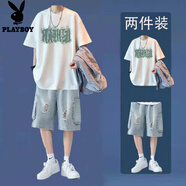 花花公子純棉短袖t恤男2025套裝夏季牛仔短褲寬松男裝搭配兩件套套裝 純棉D(zhuǎn)38白色上衣+藍(lán)色牛仔短褲 2XL 建議140-160斤