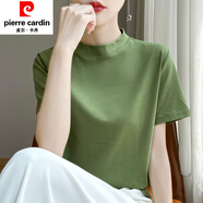 皮爾卡丹（pierre cardin）高品質(zhì)絲光棉小半高領(lǐng)恤短t袖女純色寬松百搭純.棉半t袖體恤上衣 草綠色 M