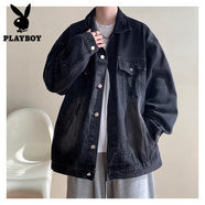花花公子（PLAYBOY）牛仔套裝男高街潮牌外套秋季休閑潮流學(xué)生穿搭牛仔褲設(shè)計感兩件套 黑色牛仔外套 【單件】 M