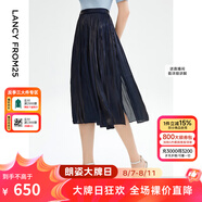 朗姿【Basic衣櫥】法式百褶半身裙復古女士裙子夏新款百褶裙 暮色藏藍色2 L