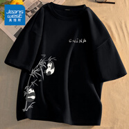 真維斯（Jeanswest）胖子短袖t恤男ins潮牌大碼寬松上衣服加肥加大夏季純棉圓領(lǐng)半截袖  黑色(滿分熊胸+滿分熊右下) S (165) (男女同款)