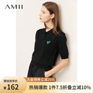 AMII2024年夏新款POLO領(lǐng)公主袖法式刺繡針織衫桃心繡花上衣女 黑色 160/84A/M