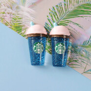 夏季新款星光杯平底咖啡杯閃粉吸管杯DIY手機殼文具盒飾品配件 圓頂-藍色 平底（非立體）