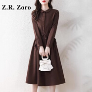 Z.R.Zoro奢侈品連衣裙女2025秋季新款潮流時(shí)尚高級(jí)感遮肚顯瘦襯衫連衣裙女 深咖 M
