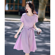 尚靜100%棉歐若風(fēng)休閑肌理連衣裙25夏新寬松舒適系帶T恤裙