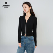 阿瑪施（AMASS）女裝T恤百搭上衣坑條紋收腰顯瘦長袖針織杉時尚休閑開衫548026 黑色 M (3碼)