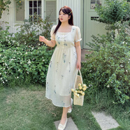 木清清2025夏季新款方領(lǐng)短袖連衣裙小清新刺繡仙女裙 杏色 XL 1XL