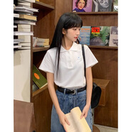 哈魯?shù)习咨绦鋞恤女小個(gè)子正肩翻領(lǐng)刺繡夏季修身百搭文藝學(xué)院風(fēng)POLO衫 白色 M (95-105斤）