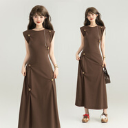 凱莉歐KEIKO 復古花飾扭結無(wú)袖連衣裙25早秋御姐風(fēng)氣質(zhì)收腰顯瘦墊肩長(cháng)裙 咖啡色 咖色 S