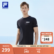 FILA官方男子短袖T恤夏季簡(jiǎn)約圓領(lǐng)運(yùn)動(dòng)男裝上衣休閑針織套頭衫 深黑-BK（新版） S 165/88A