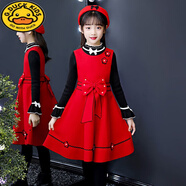 G.duck女童秋裝連衣裙2024新款韓版紅色毛呢套裝兒童公主裙洋氣寶寶童裝 紅色毛呢裙+毛衣+ 帽子 130 建議7-8歲