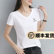 幻黛（HUANDAI）短袖t恤女夏季女裝新款年打底衫品牌純色女士短袖繡花V領(lǐng)t恤 白色S8220102 XL 【建議110-120斤】