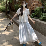 映棠15-18歲微胖女中學(xué)生夏裝甜美法式學(xué)院風(fēng)圓領(lǐng)繡花襯衫高 藍色套裝 【兩件套】 S 80斤--98斤