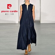 皮爾卡丹（PIERRE CARDIN）歐美風(fēng)格街頭大碼女裝英倫:復古深V領(lǐng)印花無(wú)袖套頭背心連衣裙長(cháng)裙 深藍色 3XL