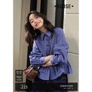闊色（kuose）藍(lán)色格子襯衫女2025春夏季新款miu系穿搭荷葉邊襯衣上衣短款 格紋（長袖）1004 S