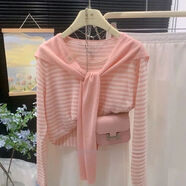 珞妮文藝復古時(shí)尚條紋針織衫女寬松洋氣百搭長(cháng)袖可拆卸套裝披肩上衣潮 粉色條紋 衣服+披肩 可拆卸 M 建議90-100斤