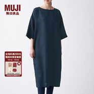 無印良品 MUJI 女式 法國亞麻水洗 七分袖連衣裙 412688 BCL06C1S 深藏青色 XL