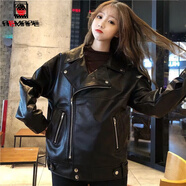 AEMAPE2025春秋新款短外套女皮衣韓版寬松休閑百搭pu皮機車(chē)服女 黑色_春秋款 S _80-110