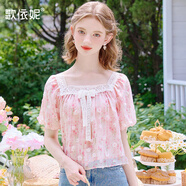 歌依妮夏季新款女裝甜美小個(gè)子碎花蕾絲雪紡衫設計感氣質(zhì)短袖T恤衫 粉色 S