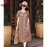 皮爾卡丹（pierre cardin）品牌折扣亞麻波點(diǎn)連衣裙女士氣質(zhì)媽媽裝夏季感棉麻短袖中長(cháng)裙 咖啡色 XL 【130-145斤】