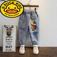 G.duck兒童褲子男童春秋牛仔褲潮洋氣春季休閑褲帥氣寶寶新款時(shí)髦春裝褲 卡通熊 藍色 春秋款 高質(zhì)量軟牛 90 【約適合身高85厘米左右】
