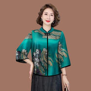 曼利鳥(niǎo)夏季仿真絲襯衫上衣中老年人夏裝女?huà)寢屟髿庹诙菍捤杀z短袖T恤 青鳳凰 L 95-110斤