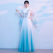 帛雷斯諾古箏演出服成年人大合唱團(tuán)女長裙成人演奏琵琶二胡表演服中國風(fēng)藝 藍(lán)色 M 均碼