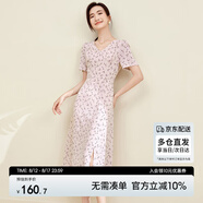 尚都比拉夏季V領(lǐng)碎花連衣裙中長(zhǎng)款收腰顯瘦氣質(zhì)印花裙子 粉底花色 S 
