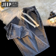 JEEP SPIRIT吉普松緊腰直筒抽繩牛仔褲男耐磨寬松大碼工地干活工作褲闊腿勞保 灰色松緊腰（高品質(zhì)） 2XL 【建議130-145斤】