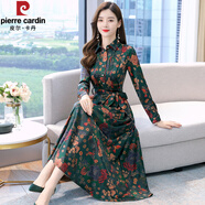 皮爾卡丹廣州女裝長(cháng)裙子春秋款闊太太高貴十三行洋氣質(zhì)中年醋酸連衣裙顯瘦 綠色 M (105斤以?xún)?