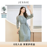 JESSIE氣質(zhì)鏤空V領(lǐng)燙金九分袖系帶收腰連衣裙女23秋新款 綠色 L