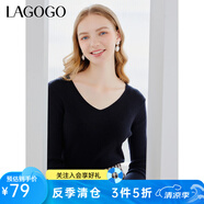 lagogo黑白雙色修身針織衫女拉谷谷春秋季新款V領(lǐng)百搭長袖打底衫 黑色(W1) M 160/38