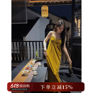 三吉黑花【金箔染】早秋新中式穿搭氛圍感貝殼連衣裙子女秋裝新款 姜黃 現(xiàn)貨 M