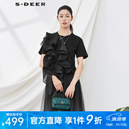 S.DEER圣迪奧女裝休閑圓領(lǐng)立體裁剪拼接短袖T恤S22280113 黑色/91 S 160