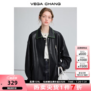 VEGA CHANG黑色皮衣女2025春秋寬松顯瘦機車風pu皮短外套 松綠黑 M