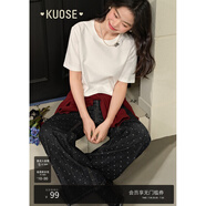 闊色（kuose）白色玫瑰花刺繡短袖上衣女2025春季新款純棉寬松正肩T恤秋 白色 S