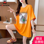 AEMAPE2025夏季新款短袖T恤女中長(cháng)款大碼胖mm后背織帶拼接開(kāi)叉上衣 桔色  M 85-115斤