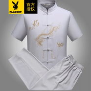 花花公子唐裝中山裝男士春夏季中國風(fēng)短袖套裝道袍漢服晨練服民族風(fēng)古裝 大龍短袖灰色套裝 2XL
