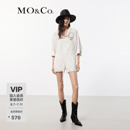 MO&Co.連身背帶褲夏白色破洞牛仔高腰褲型剪裁短褲可調(diào)節(jié)肩帶摩安珂 牛仔白色 S 160