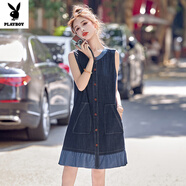花花公子（PLAYBOY）法式甜美格子拼接無(wú)袖背心牛仔連衣裙女夏2025新款小個(gè)子裙子休閑 藍色 S