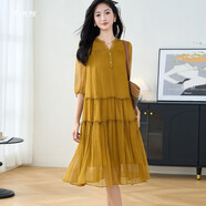 米思陽(yáng)（missshine）2024夏季新款輕奢高端真絲連衣裙100%桑蠶絲系帶A字裙2678 芥末黃 S
