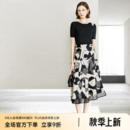 顏域黑色印花半身裙女夏季2024新款正反兩穿A字裙中長款高腰裙子 黑花 S/36