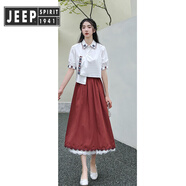JEEP SPIRIT吉普情侶裝夏季短袖套裝民族風(fēng)文藝復古刺繡上衣女裙民國男女學(xué)生 女一套 上衣半身裙 4XL