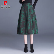 皮爾卡丹（pierre cardin）女士提花半裙a字燈籠裙中年半身裙女春秋長裙冬裙刺繡花苞半裙 綠牡丹裙長72cm 2XL 腰圍2尺3